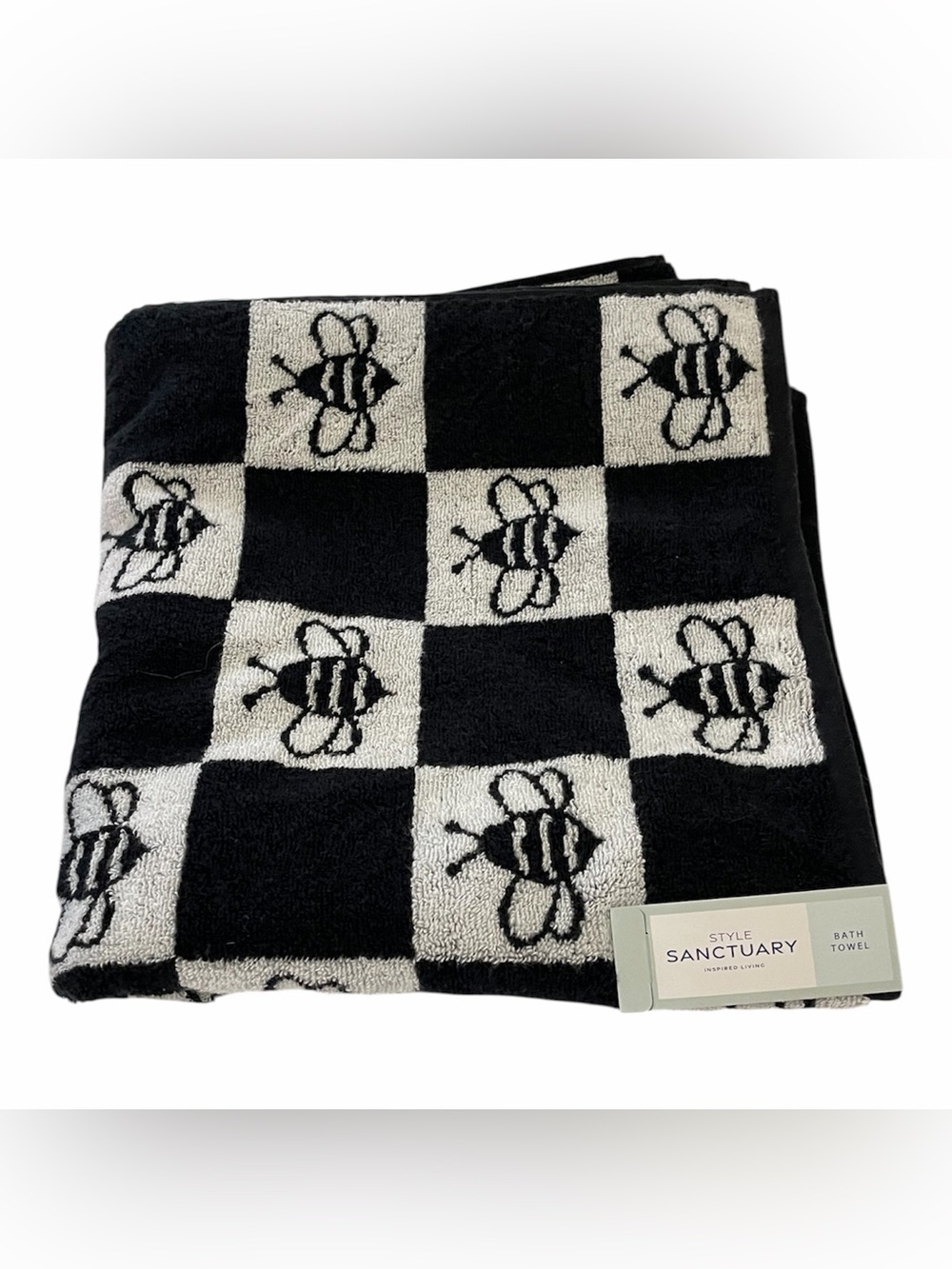 Sanctuary Black & White Bee Checkered Bath Towel 28” x 52” - NWT **